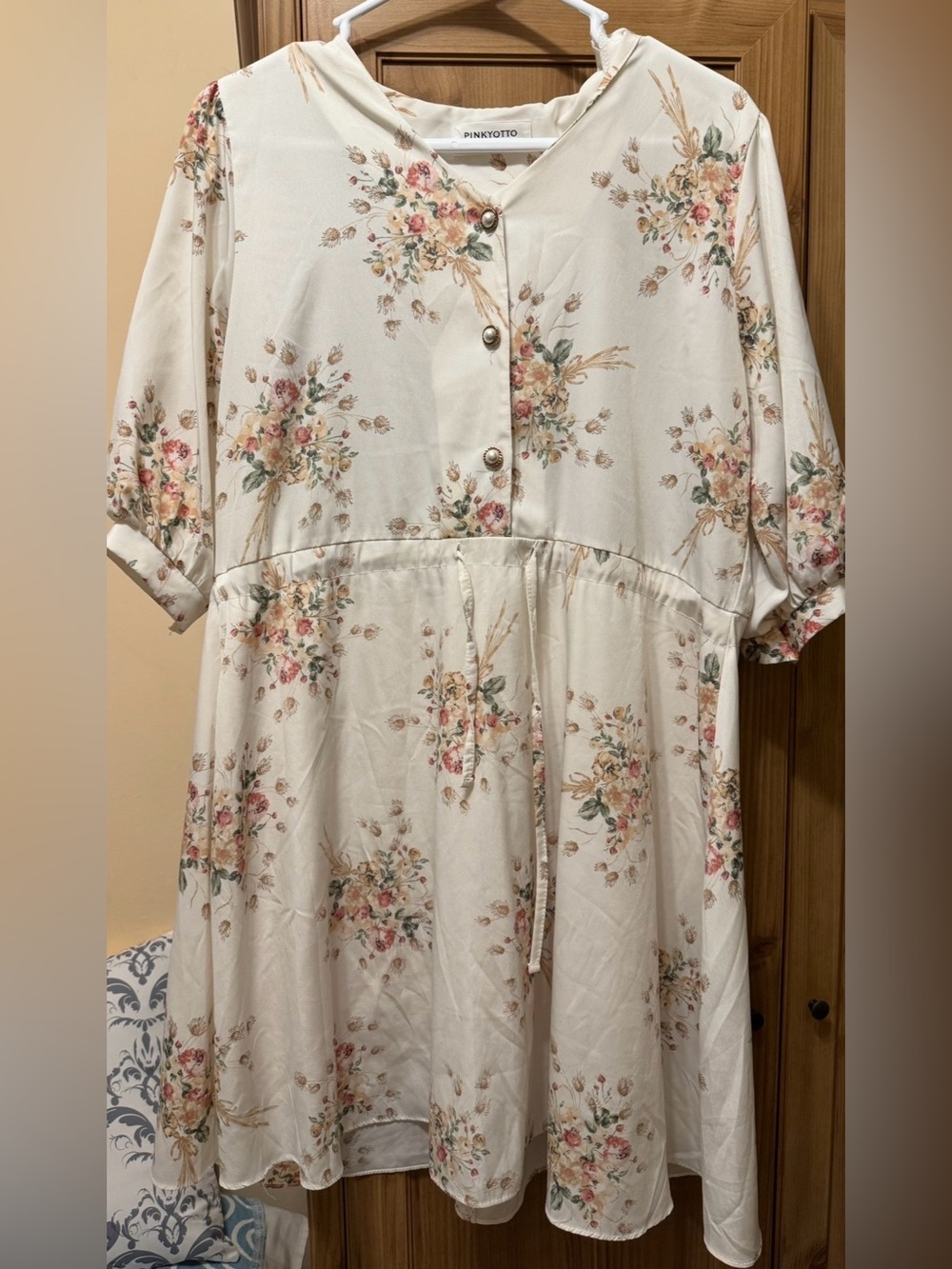 Pinkyotto Ivory Floral Puff Sleeve Drawstring Waist Mini Dress